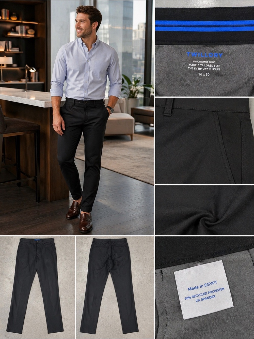 Twillory Black Chino Pants Men’s Dress Casual Stretch Lightweight 36 x 30